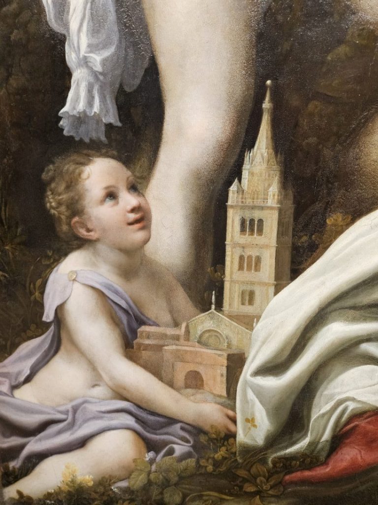 Bambino che regge il modello del Duomo di San Gemniano di Modena nel dipinto della Madonna di San Sebastiano di Antonio Allegri da Correggio (dettaglio), Galleria Antichi Maestri, Dresda